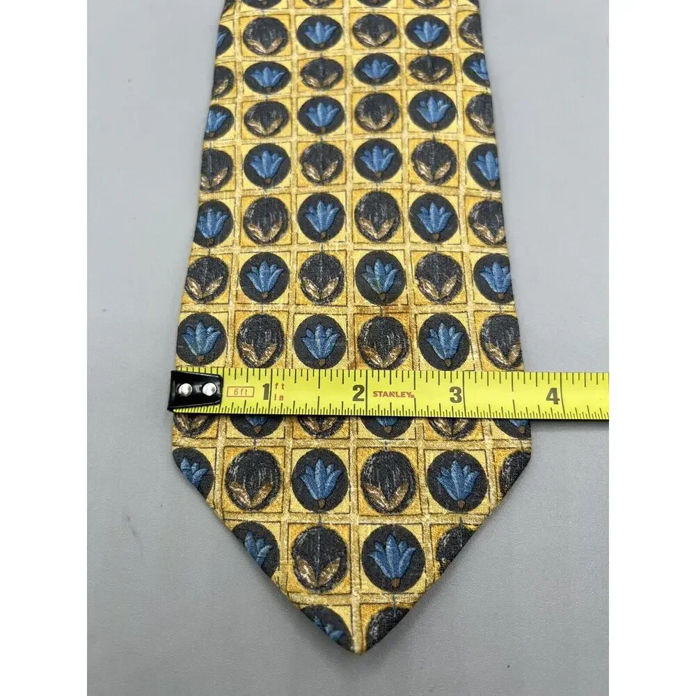 Ermenegildo Zegna Silk Tie Gold Blue Geometric‎ Floral Medallion Made in Italy